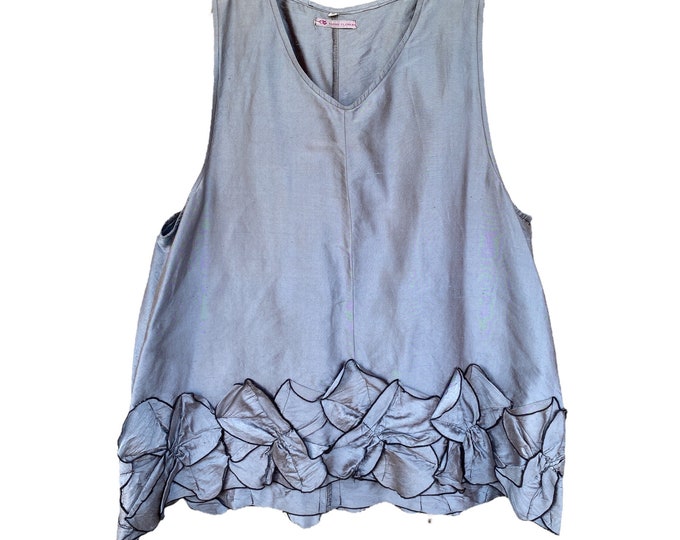 Sarah Clemens Sleeveless Tunic with Flower Applique Border -XL- Pewter Dupioni Silk