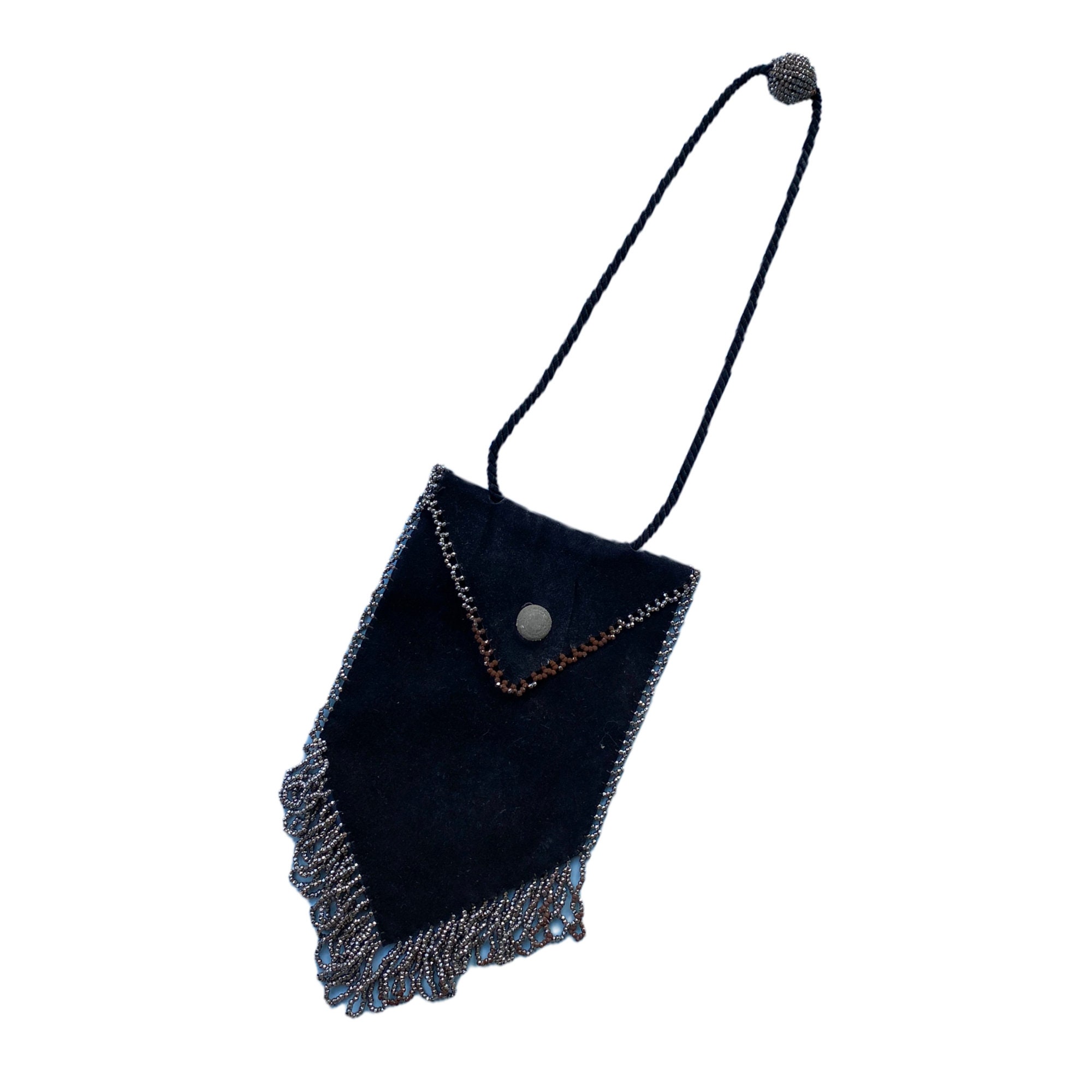 Vintage Black Suede Pouch Bag with Steel Cut Metal Bead Trim