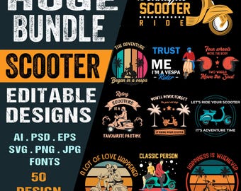 Vintage Vespa Scooter SVG Bundle: T-Shirt Designs, Stickers, Mugs