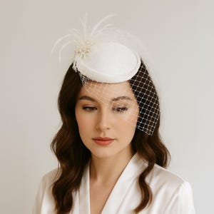 White Bridal Fascinator with Veil, Pearls and Feathers | Birdcage Net Headpiece for Wedding & Elopement
