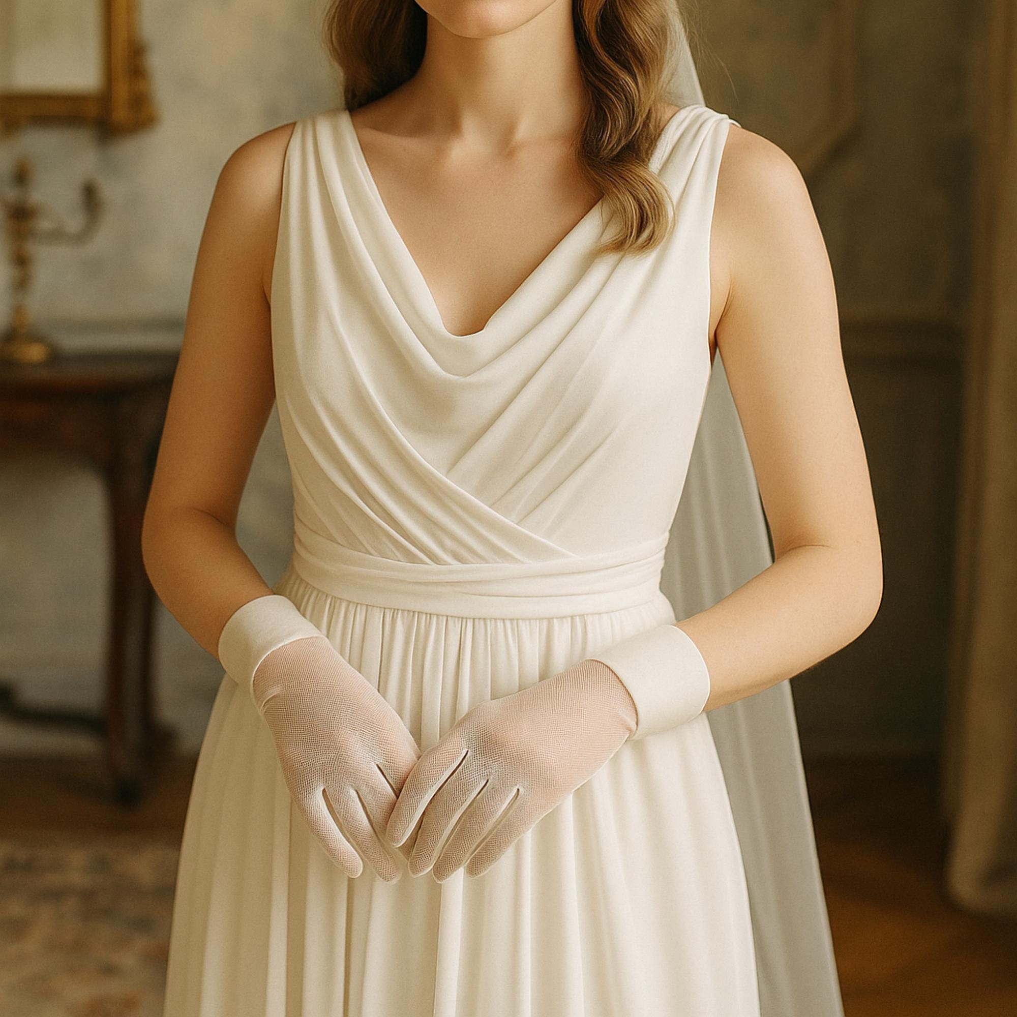 Short Wedding Gloves with Cuff Detail, Sheer Mesh Bridal Gloves, Civil Ceremony Gloves, Vintage Style Bride Accessory