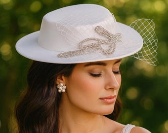 White Satin Fascinator Hat with Rhinestone Bow and Birdcage Veil, Elegant Bridal and Derby Style