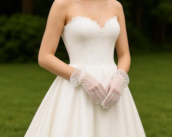 Sheer Tulle Wedding Gloves with Ruffle Cuff, Ivory Bridal Gloves | Elegant Vintage-Inspired Short Gloves, Modern Wedding Accessories