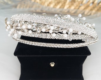 Crystal and Pearl Bridal Headband, Couture Tiara for Modern Brides, Handmade Statement Wedding Crown