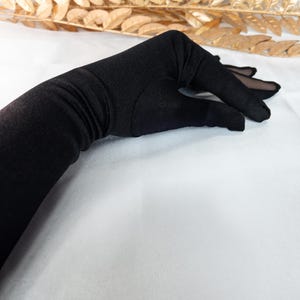 Black Satin Opera Gloves with Sheer Mesh Fingers, Vintage Inspired Evening Gloves, Elegant Long Black Gloves for Wedding, Prom, Opera