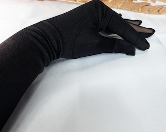 Black Satin Opera Gloves with Sheer Mesh Fingers, Vintage Inspired Evening Gloves, Elegant Long Black Gloves for Wedding, Prom, Opera