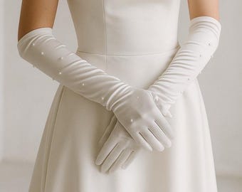 White Satin Pearl Bridal Gloves, Long Elegant Wedding Gloves, Vintage Style Formal Gloves