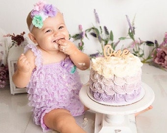 Birthday Cake Smash Outfit 6-18months Girl Lavender Lace Romper Headband SET Baby Pettiromper Baby Ruffle Romper Baby Outfit, Baby Photo