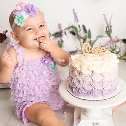 Birthday Cake Smash Outfit Girl Lavender Lace Romper Headband Etsy