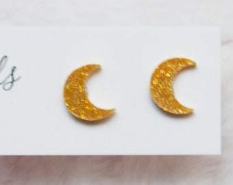 Crescent Moon Earrings... Sparkly Glitter Stud Earrings.. Boho.. Moon Phases.. Astrology.. Lunar...Hypoallergenic