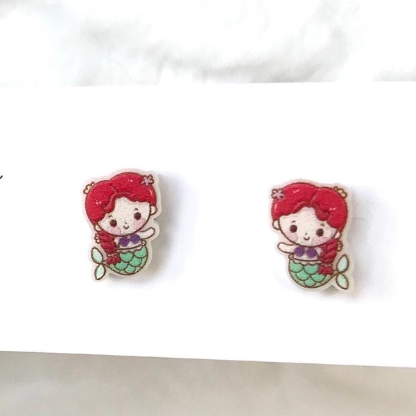 Red Head Mermaid Earrings.. Under the Sea Earrings. Little Girl Earrings.. Small Titanium Stud... Ocean.. Gift Child Girl.. Hypoallergenic.