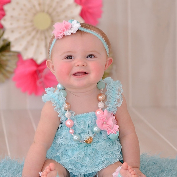 Baby Lace Romper 6-18months.. 1st Birthday Headband Necklace SET, Baby Birthday Cake Smash Outfit Pink Teal Aqua Blue Party Outfit, Ruffled