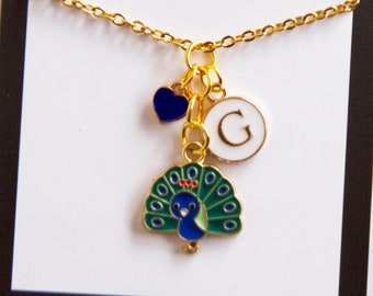 Peacock Initial Necklace..  Peacock Bird Personlized Gift Charm Gold Chain.. Little Girl Necklace.. Custom Initial Jewelry.. Fun Unique