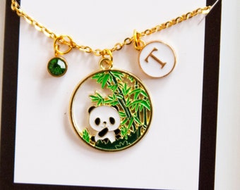 Panda Initial Necklace..  Birthstone Initial Personalized... Panda Bear Bamboo Gift Charm Gold Chain.. Little Girl Necklace.. Custom Jewelry