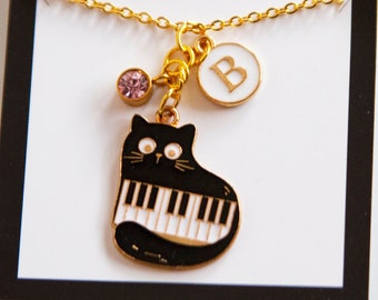 Piano Black Cat Initial Necklace..  Birthstone Initial Personalized... Music Piano Keys Gift Charm Gold Chain.. Little Girl.. Jewelry..