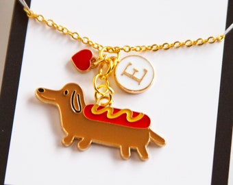 Dog Lover Funny Initial Necklace..  Hot Dog.  Weiner Dog Personalized Gift Charm Gold Chain.. Custom Initial Jewelry.. Fun Unique