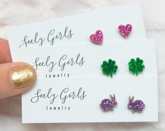 Small Easter Earrings.. Little Girl St Patricks Earrings.. Valentines.. Bunny Clover Heart Earrings.. Toddler Stud.. Sparkly Glitter. Gift