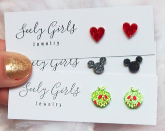 Mouse Earrings.. Halloween.. Little Kid Girl.. Red Heart.. Mouse.. Sparkly Glitter. Child Gift.. Earring Set.Mickey.. Snow White..