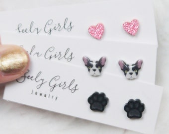 Dog Lover Earring Set.. Boston Terrier.. Little Girl Earring Set.. Small Earrings.. Stud.. Paw. Child Gift.. Hypoallergenic