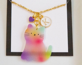 Rainbow Cat Initial Necklace..  Cat Lover Personlized Gift Charm Gold Chain.. Little Girl Necklace.. Custom Initial Jewelry.. Fun Unique