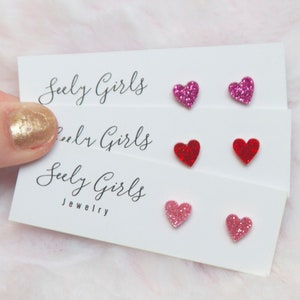 Heart Little Girl Titanium Earrings - Pink or Red Glitter Tiny Heart Earrings.. Hypoallergenic Valentine Earrings.. Sparkly  Hearts.. ..Gift