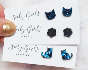 Cat Earring Set - Glitter Black Cat Earrings... Little Girl Earrings.. Cat Sihouette.. Stud Earring Set.. Paw.. Blue.. Child Gift