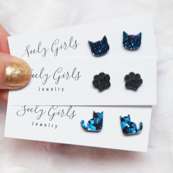 Cat Earring Set - Glitter Black Cat Earrings... Little Girl Earrings.. Cat Sihouette.. Stud Earring Set.. Paw.. Blue.. Child Gift
