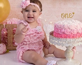 First Birthday Girl Outfit Pink Lace Romper 6-18months Cake Smash .. Outfit SET.. Headband Ruffled Lace Romper, Wedding Flower Girl Baby