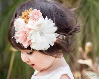 babies Peach headband With Large Frilled Flower All Sizes Made 
