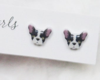 Boston Terrier Stud Earrings.. Dog Earrings.. Little  Girl.. Black and White Puppy Earrings.. Small Earrings.. Hypoallergenic.. Titanium…