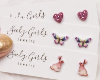 Spring Earrings - Bunny Rabbit Earrings... Butterfly Earrings.. Spring.. Little Girl Earrings.. Easter Earrings.. Gift.. Hypoallergenic