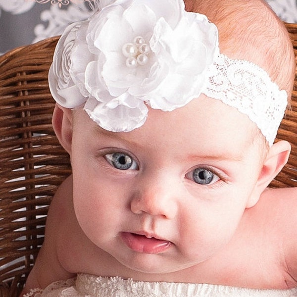 Christening Baby Headband - White Christening Headband With Lace and Feathers - Baptism Headband - Blessing Headband