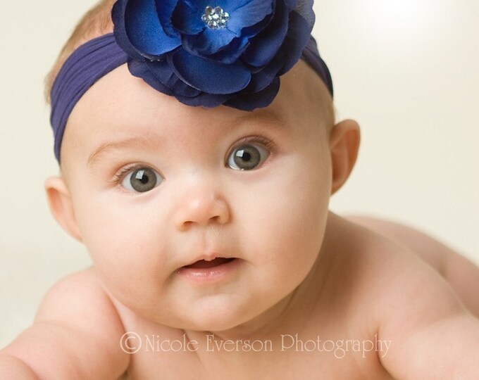 Baby Girl Headband Newborn Headband Navy Blue Flower on a Etsy