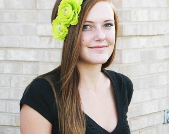 Two Bright Lime Green Flowers on A Black Stretch Headband for Women