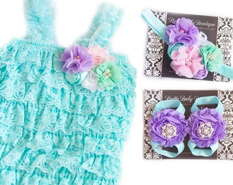 Baby Lace Romper SET 6-18months- Aqua Blue and Lavender Purple and Pink Cake Smash Outfit , Baby Wedding Petti Romper,  Girl Birthday Outfit