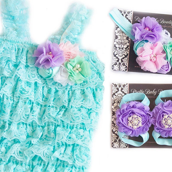 Baby Lace Romper SET 6-18months- Aqua Blue and Lavender Purple and Pink Cake Smash Outfit , Baby Wedding Petti Romper,  Girl Birthday Outfit