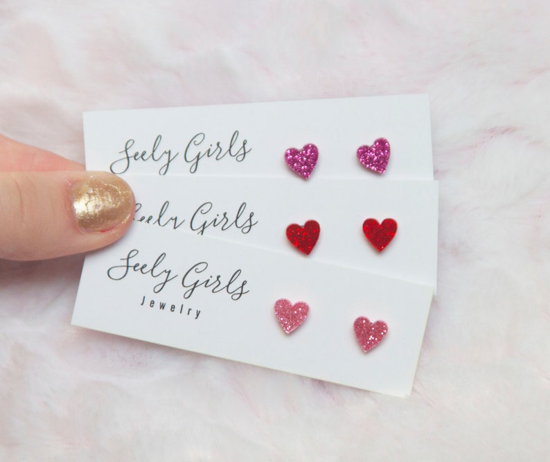 Heart Little Girl Titanium Earrings - Pink or Red Glitter Tiny Heart Earrings.. Hypoallergenic Valentine Earrings.. Sparkly  Hearts.. ..Gift
