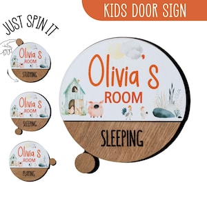 Custom Door Sign with Rotating Status - Personalized Wooden Hanger for Kids’ Rooms