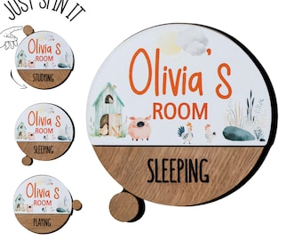 Personalisiertes Türschild mit drehbarem Status - Personalisierter Türschild aus Holz für Kinderzimmer