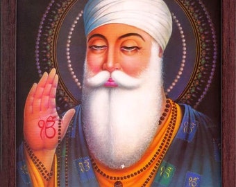 A Holy Sikh Religious poster painting with frame for every Sikh Religious family Home Gift purpose Office Gurunank Dev Ji giving wearing saint cloths and doing meditation and ekumkar symbol