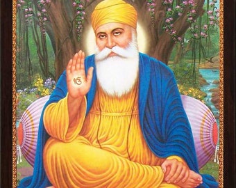 A Holy Sikh Religious poster painting with frame for every Sikh Religious family Home Gift purpose Office Gurunank Dev Ji giving wearing saint cloths and doing meditation and ekumkar symbol