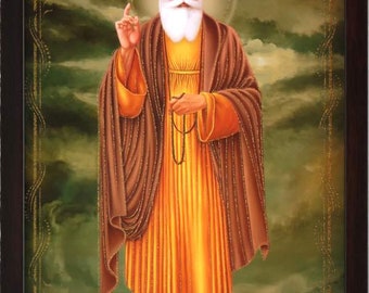 A Holy Sikh Religious poster painting with frame for every Sikh Religious family Home Gift purpose Office Gurunank Dev Ji giving wearing saint cloths and doing meditation and ekumkar symbol