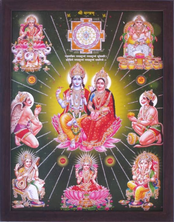 Goddess Lakshmi with Lord Vishnu and other god worshiping ,Hindu Religious poster painting with frame, Must for every Pooja room and office Goddess Lakshmi with Lord Vishnu and other god worshiping ,Hindu Religious poster painting with frame, Must for every Pooja room and office