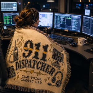 May include: A beige woven throw blanket featuring black and gold graphics including a walkie-talkie, a computer monitor, a telephone, and headphones. The text reads 911 DISPATCHER, CALM VOICE. CHAOTIC CAD. with small heart and star accents.