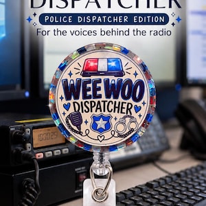 WeeWoo Dispatcher Badge Reel, Police Dispatcher Badge Holder, Glitter Resin Emergency Telecommunicator Holder