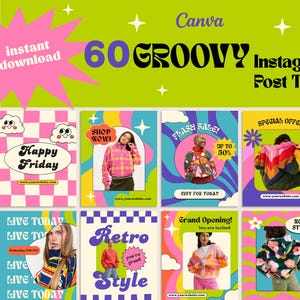 Groovy Retro Instagram Post Templates: Colorful Canva Social Media Kit (Digital Download)