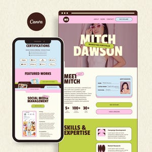 May include: A digital marketing portfolio website design displayed on a smartphone and a desktop screen. The layout features a pink, light blue, and lime green color scheme with the text Mitch Dawson, Marketing Portfolio, and Meet Mitch.