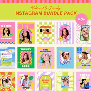 May include: A set of vibrant Instagram post templates, featuring the text "Vibrant & Trendy INSTAGRAM BUNDLE PACK" and "90+". Each template has a unique design with photos, text, and graphics. The templates are in a variety of bright colours.
