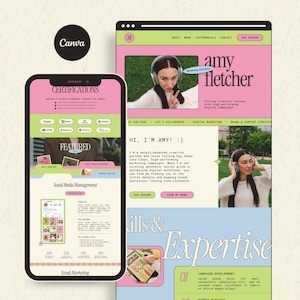 Canva Website Portfolio Template Pink Green Retro Playful Marketing Manager Social Media Manager Digital Marketer Freelancer Portfolio