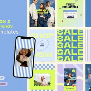 Blue Y2K Trendy Canva Instagram Templates, Retro Social Media Kit for Fashion, Streetwear, Beauty & Lifestyle Brands